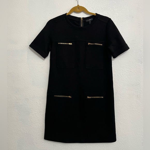J Crew Solid Black Gold Zipper Accent Wool Blend Short Sleeve Shift Dress Size 2 - Picture 3 of 10
